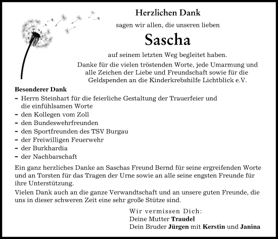 Traueranzeige von Sascha  von Günzburger Zeitung
