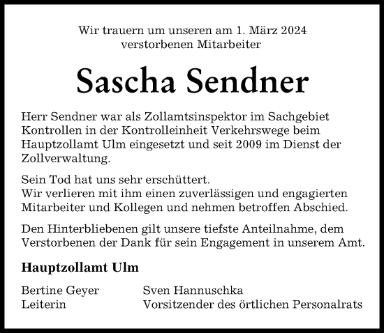Traueranzeige von Sascha Sendner von Günzburger Zeitung