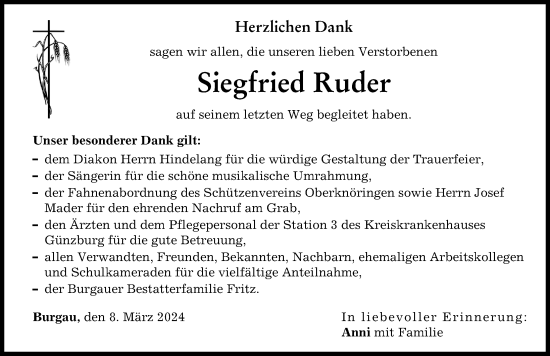 Traueranzeige von Siegfried Ruder von Günzburger Zeitung