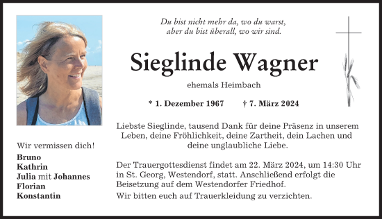 Traueranzeige von Sieglinde Wagner von Augsburg-Land