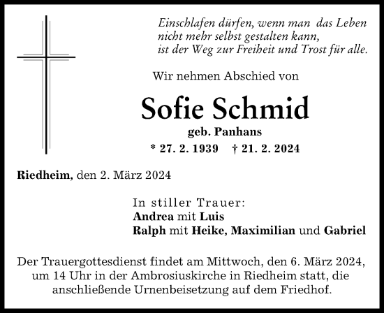 Traueranzeige von Sofie Schmid von Günzburger Zeitung