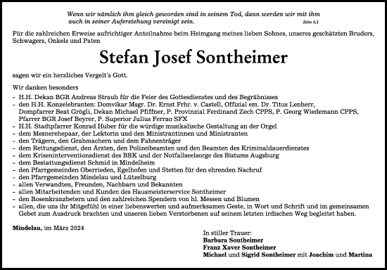Traueranzeige von Stefan Josef Sontheimer von Mindelheimer Zeitung