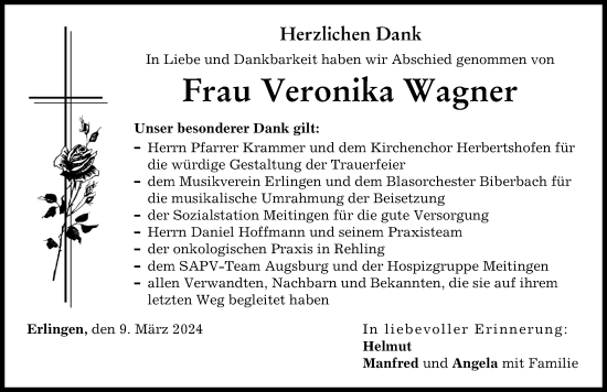 Traueranzeige von Veronika Wagner von Augsburg-Land