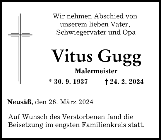Traueranzeige von Vitus Gugg von Augsburger Allgemeine