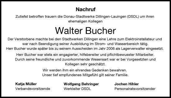 Traueranzeige von Walter Bucher von Donau Zeitung