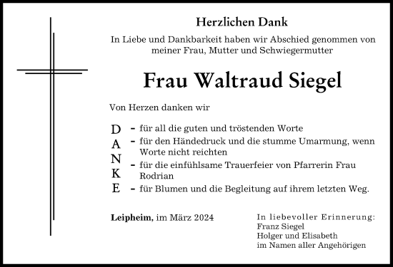 Traueranzeige von Waltraud Siegel von Günzburger Zeitung
