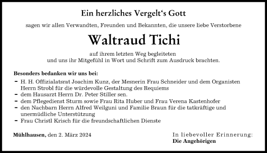 Traueranzeige von Waltraud Tichi von Friedberger Allgemeine, Aichacher Nachrichten