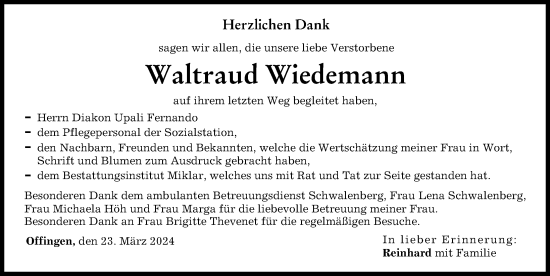 Traueranzeige von Waltraud Wiedemann von Günzburger Zeitung