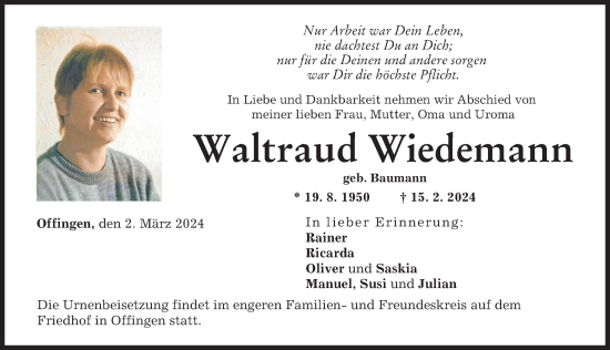 Traueranzeige von Waltraud Wiedemann von Günzburger Zeitung