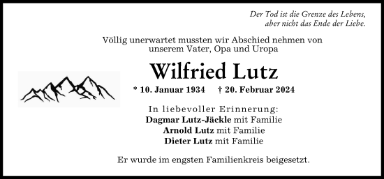 Traueranzeige von Wilfried Lutz von Illertisser Zeitung