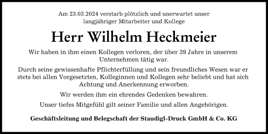 Traueranzeige von Wilhelm Heckmeier von Donauwörther Zeitung