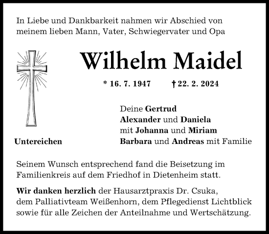 Traueranzeige von Wilhelm Maidel von Illertisser Zeitung
