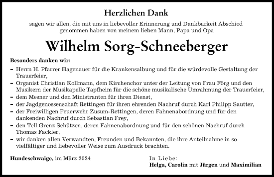 Traueranzeige von Wilhelm Sorg-Schneeberger von Donauwörther Zeitung