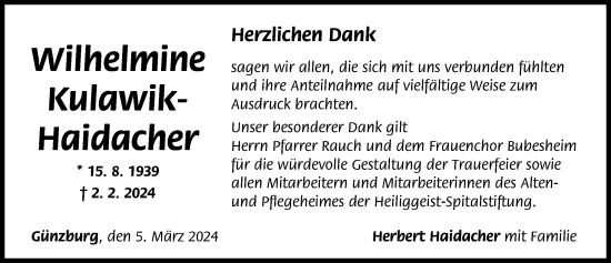 Traueranzeige von Wilhelmine Kulawik-Haidacher von Günzburger Zeitung