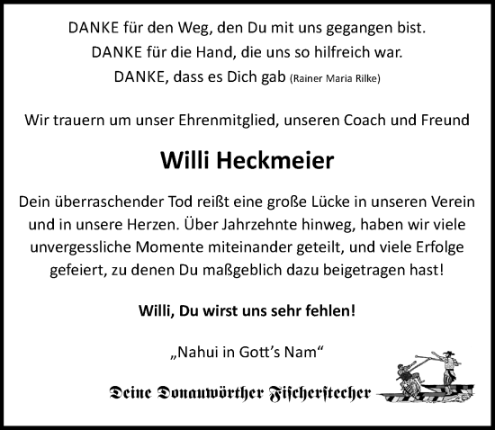 Traueranzeige von Willi Heckmeier von Donauwörther Zeitung