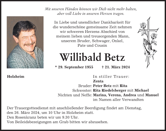 Traueranzeige von Willibald Betz von Donauwörther Zeitung