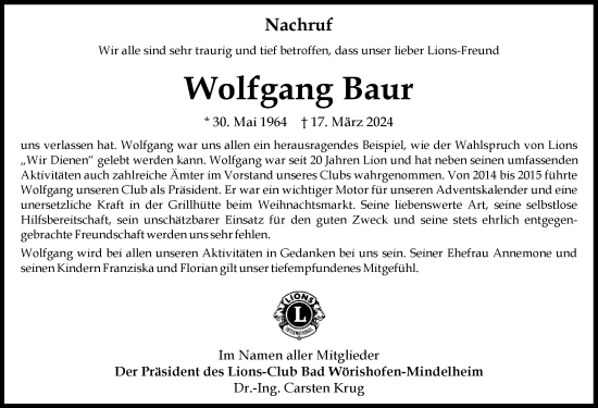 Traueranzeige von Wolfgang Baur von Mindelheimer Zeitung