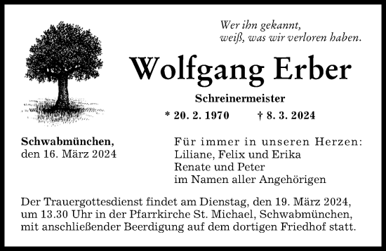 Traueranzeige von Wolfgang Erber von Schwabmünchner Allgemeine, Augsburger Allgemeine