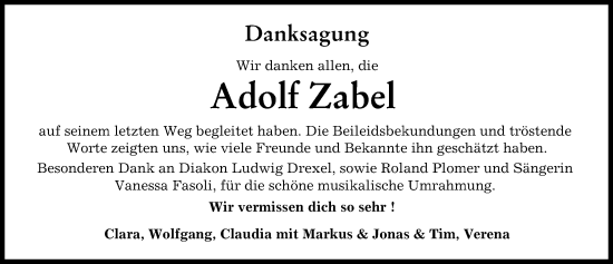 Traueranzeige von Adolf Zabel von Friedberger Allgemeine