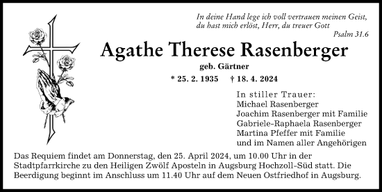 Traueranzeige von Agathe Therese Rasenberger von Augsburger Allgemeine