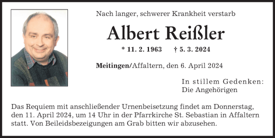Traueranzeige von Albert Reißler von Augsburg-Land