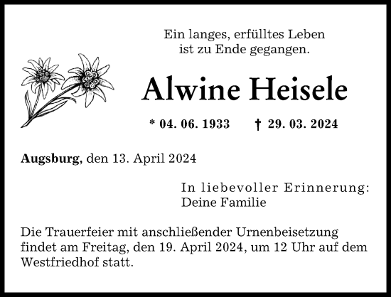 Traueranzeige von Alwine Heisele von Augsburger Allgemeine