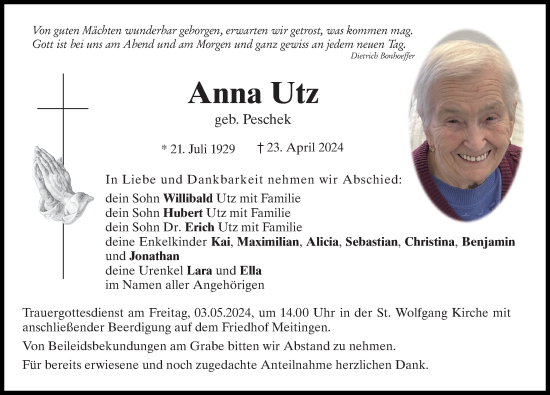 Traueranzeige von Anna Utz von Augsburg-Land