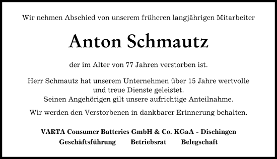 Traueranzeige von Anton Schmautz von Donau Zeitung