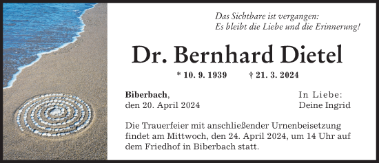 Traueranzeige von Bernhard Dietel von Augsburger Allgemeine