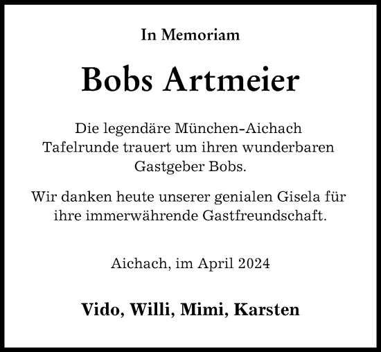 Traueranzeige von Bobs Artmeier von Aichacher Nachrichten