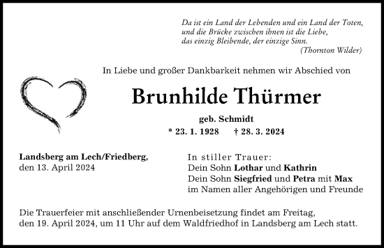 Traueranzeige von Brunhilde Thürmer von Landsberger Tagblatt