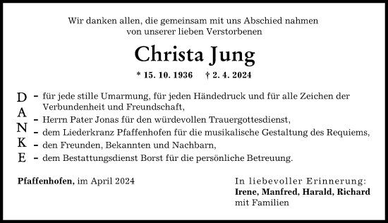 Traueranzeige von Christa Jung von Neu-Ulmer Zeitung