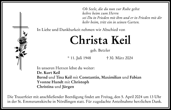 Traueranzeige von Christa Keil von Rieser Nachrichten
