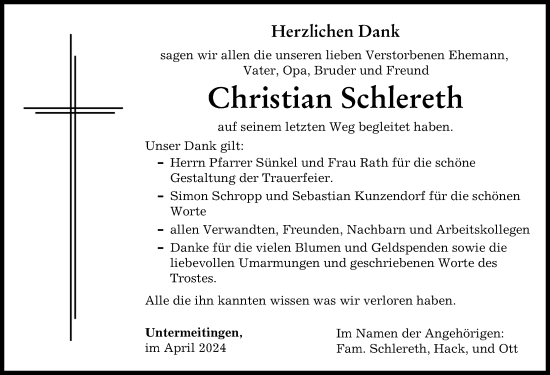 Traueranzeige von Christian Schlereth von Augsburger Allgemeine