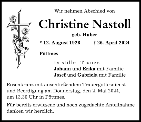 Traueranzeige von Christine Nastoll von Neuburger Rundschau, Aichacher Nachrichten
