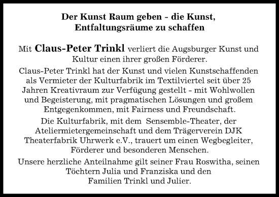 Traueranzeige von Claus-Peter Trinkl von Augsburger Allgemeine