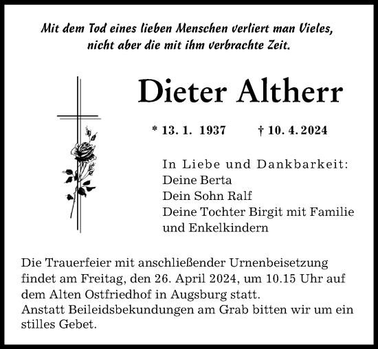 Traueranzeige von Dieter Altherr von Augsburger Allgemeine