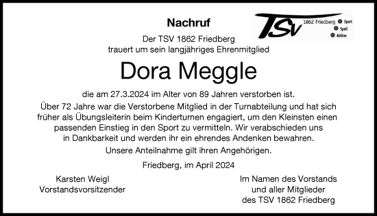 Traueranzeige von Dora Meggle von Friedberger Allgemeine