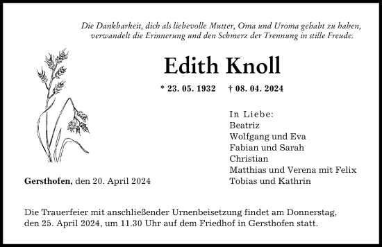 Traueranzeige von Edith Knoll von Augsburger Allgemeine