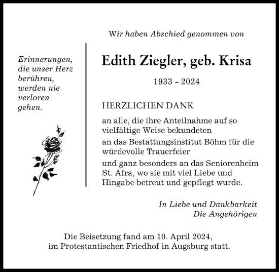 Traueranzeige von Edith Ziegler von Augsburger Allgemeine