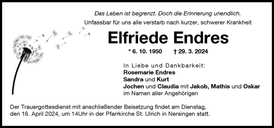 Traueranzeige von Elfriede Endres von Neu-Ulmer Zeitung