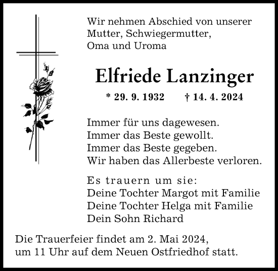 Traueranzeige von Elfriede Lanzinger von Augsburger Allgemeine