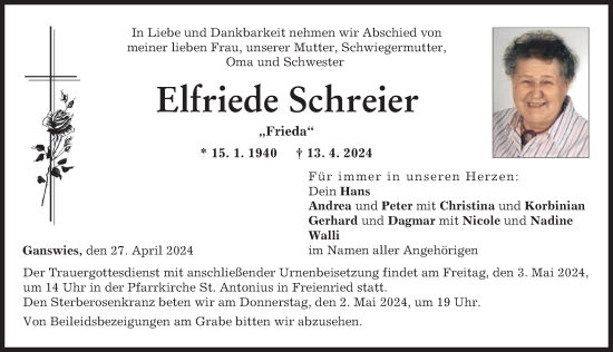 Traueranzeige von Elfriede Schreier von Friedberger Allgemeine, Aichacher Nachrichten