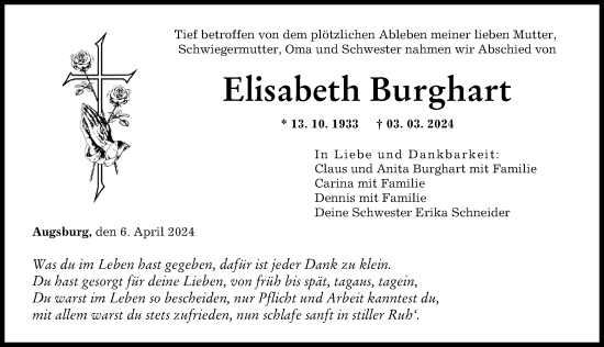 Traueranzeige von Elisabeth Burghart von Augsburger Allgemeine