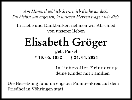 Traueranzeige von Elisabeth Gröger von Illertisser Zeitung