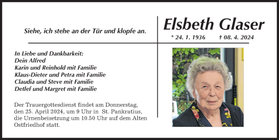 Traueranzeige von Elsbeth Glaser von Augsburger Allgemeine