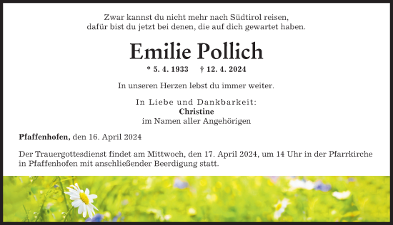 Traueranzeige von Emilie Pollich von Neu-Ulmer Zeitung