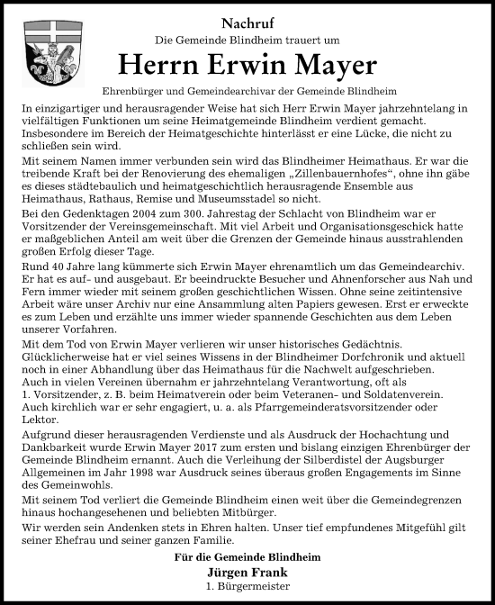 Traueranzeige von Erwin Mayer von Donau Zeitung