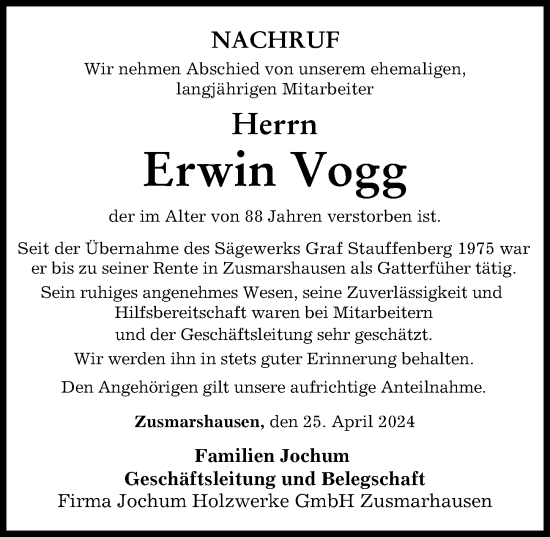 Traueranzeige von Erwin Vogg von Günzburger Zeitung