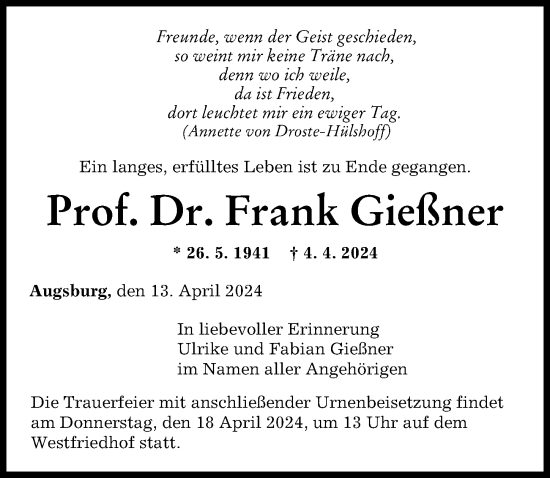 Traueranzeige von Frank Gießner von Augsburger Allgemeine
